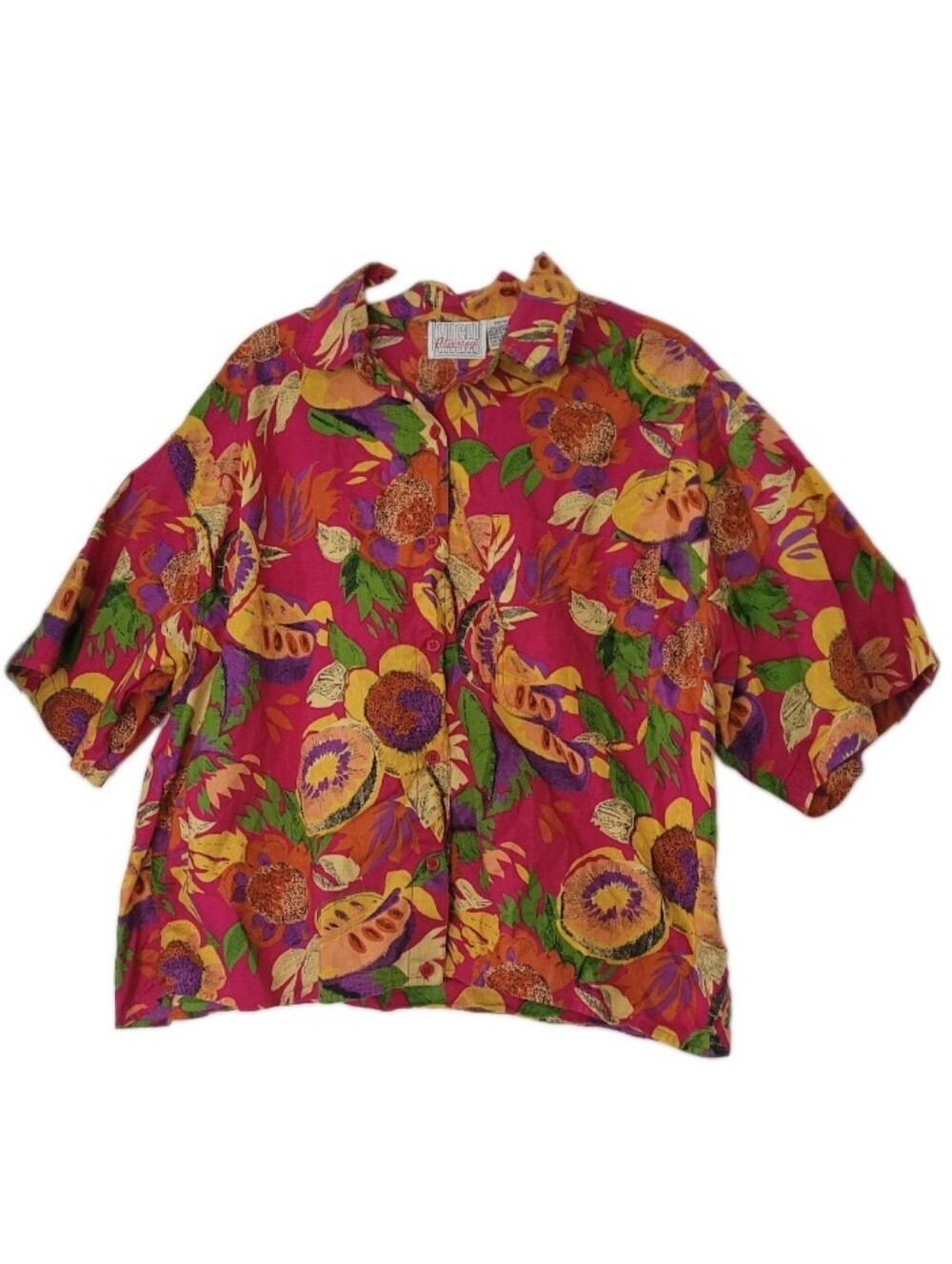 Vintage 90s Boxy Tropical Fruit Floral Shirt Womens 20W Cotton Button Up Beach